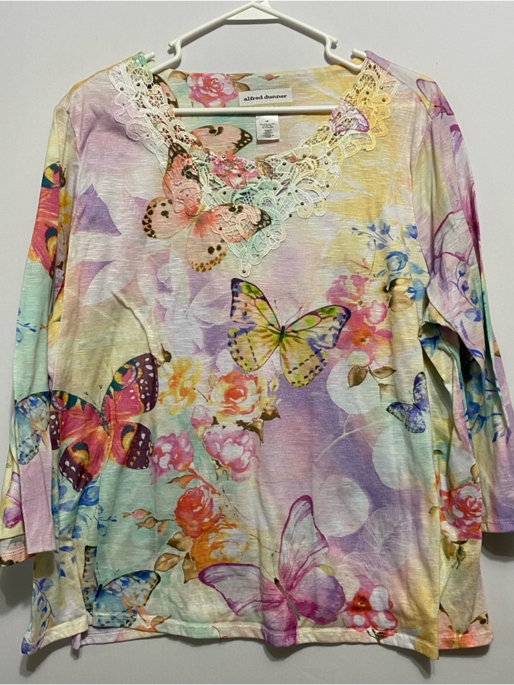 Alfred Dunner Top Blouse Women Size 1X Garden Party Butterfly Floral Lace Trim